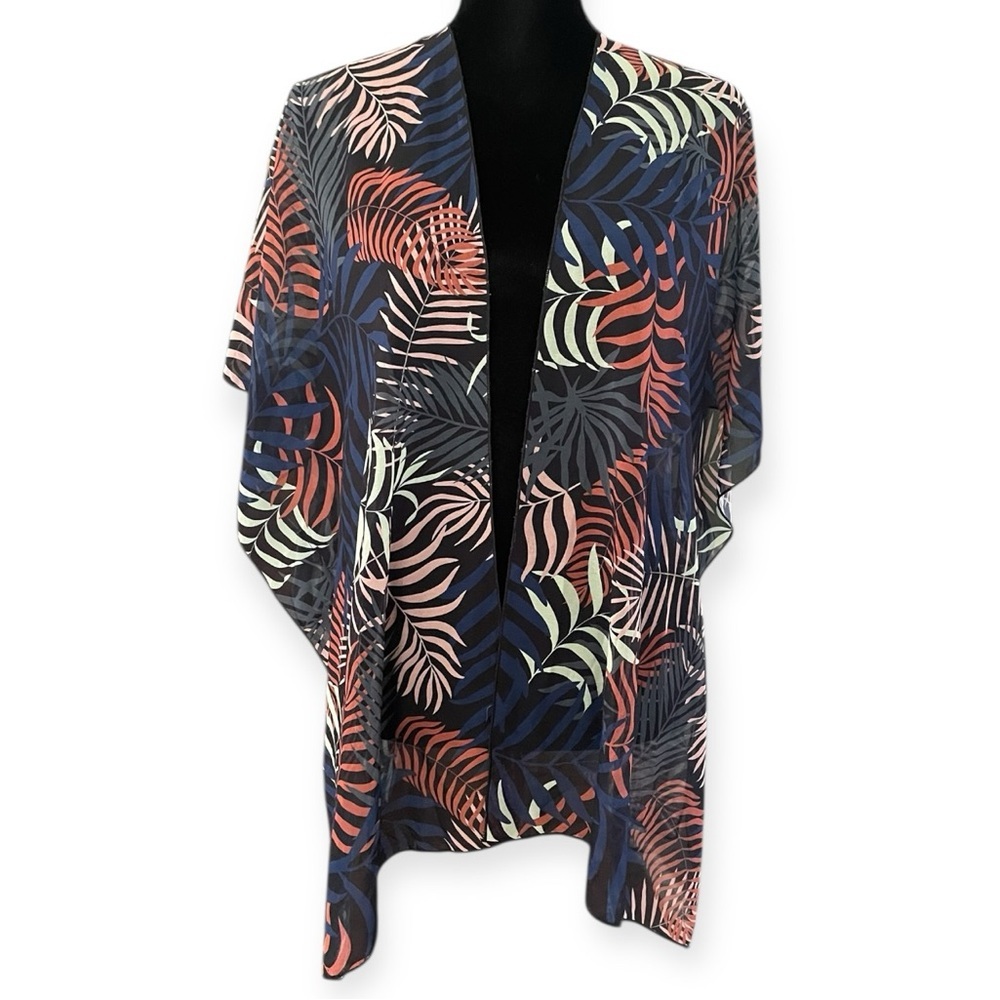 Chiffon Tropical Palm print Open Front Kimono One Size Semi Sheer Swim Coverup - Picture 1 of 3
